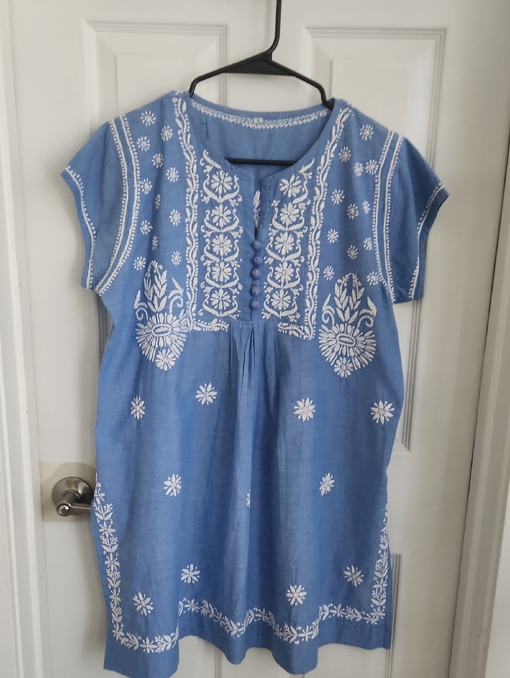 Blue Embroidered Tunic Dress with White Floral Detailing